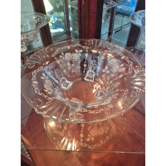 Rare Fostoria Midnight Rose Large Footed Serving Bowl Etched Depression Glass - Picture 4 of 7